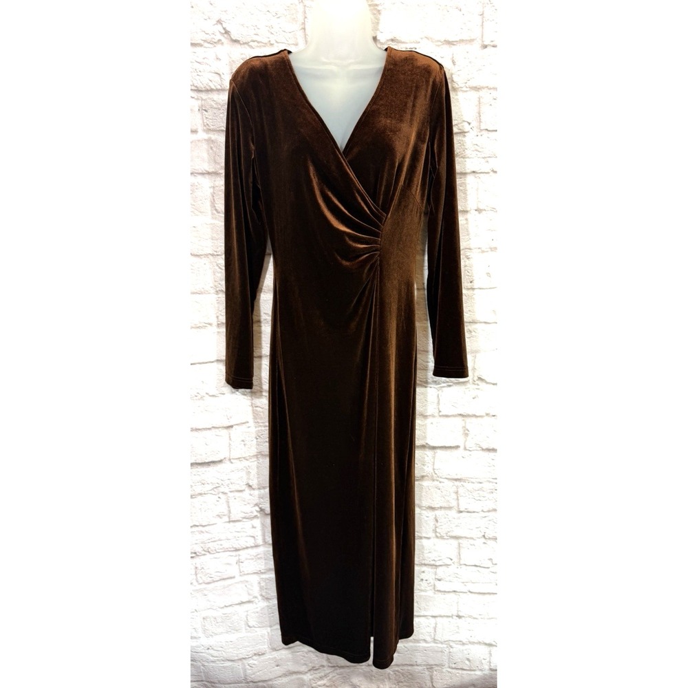 Coldwater Creek Womens 8 Brown Maxi Dress Velvet Sheath Gathered Elegant Gala
